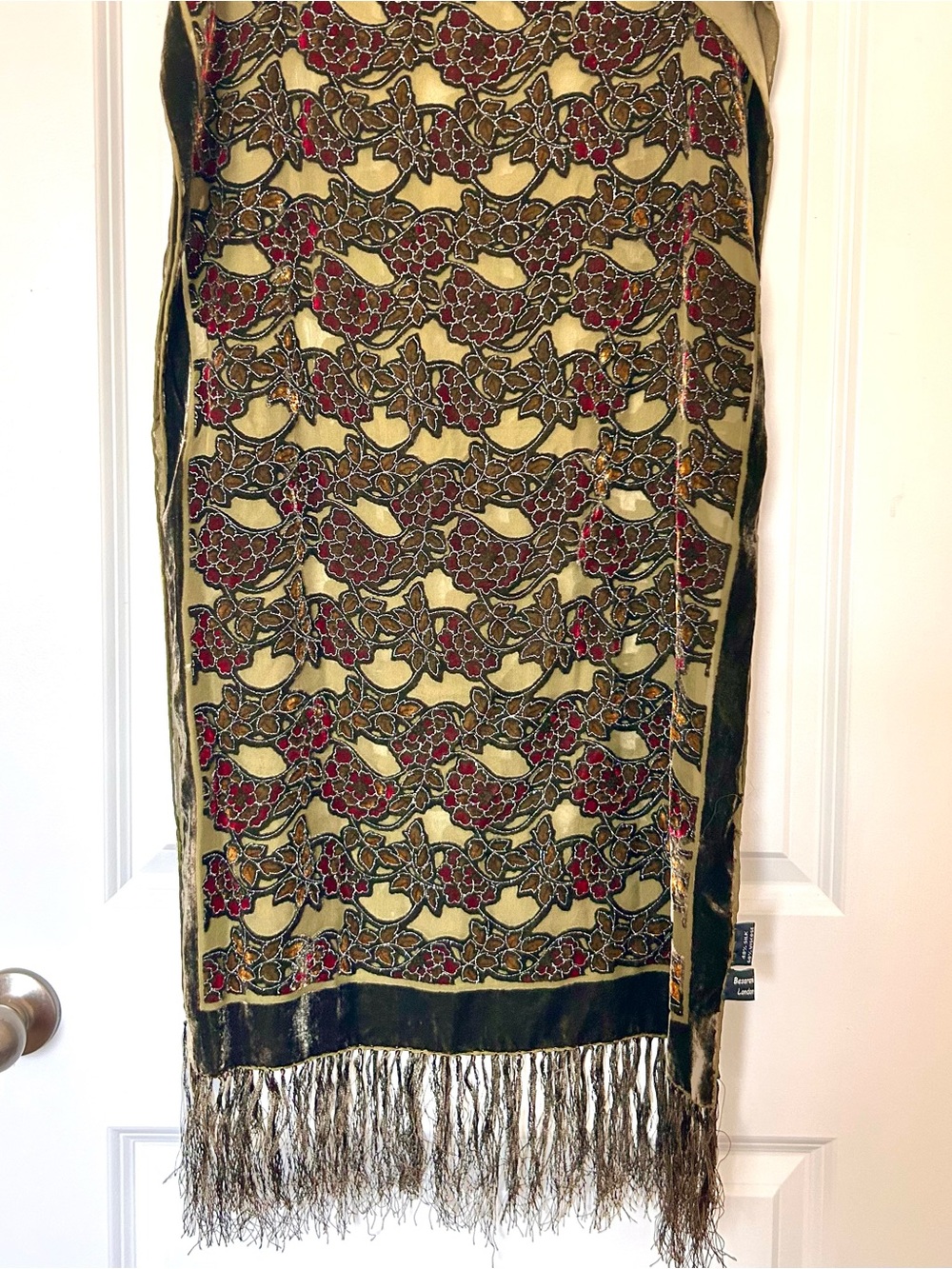 BESARANI Silk Blend Devore Fringed Shawl Scarf Wrap 66” X 20” Green Boho Hippie